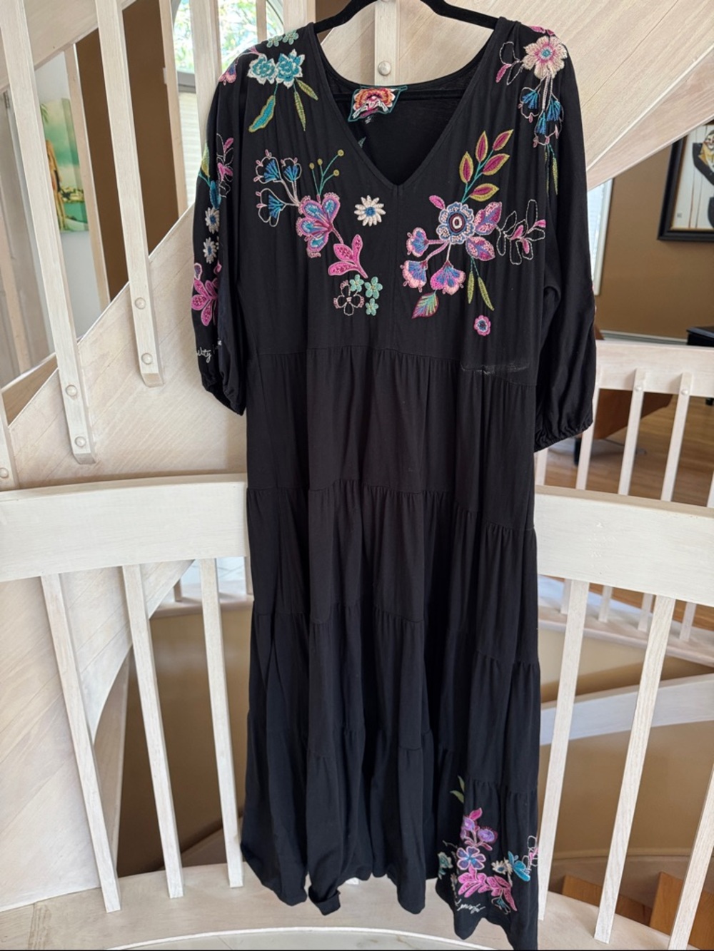 Johnny Was Black Maxi Dress with Multicolor Floral Embroidery